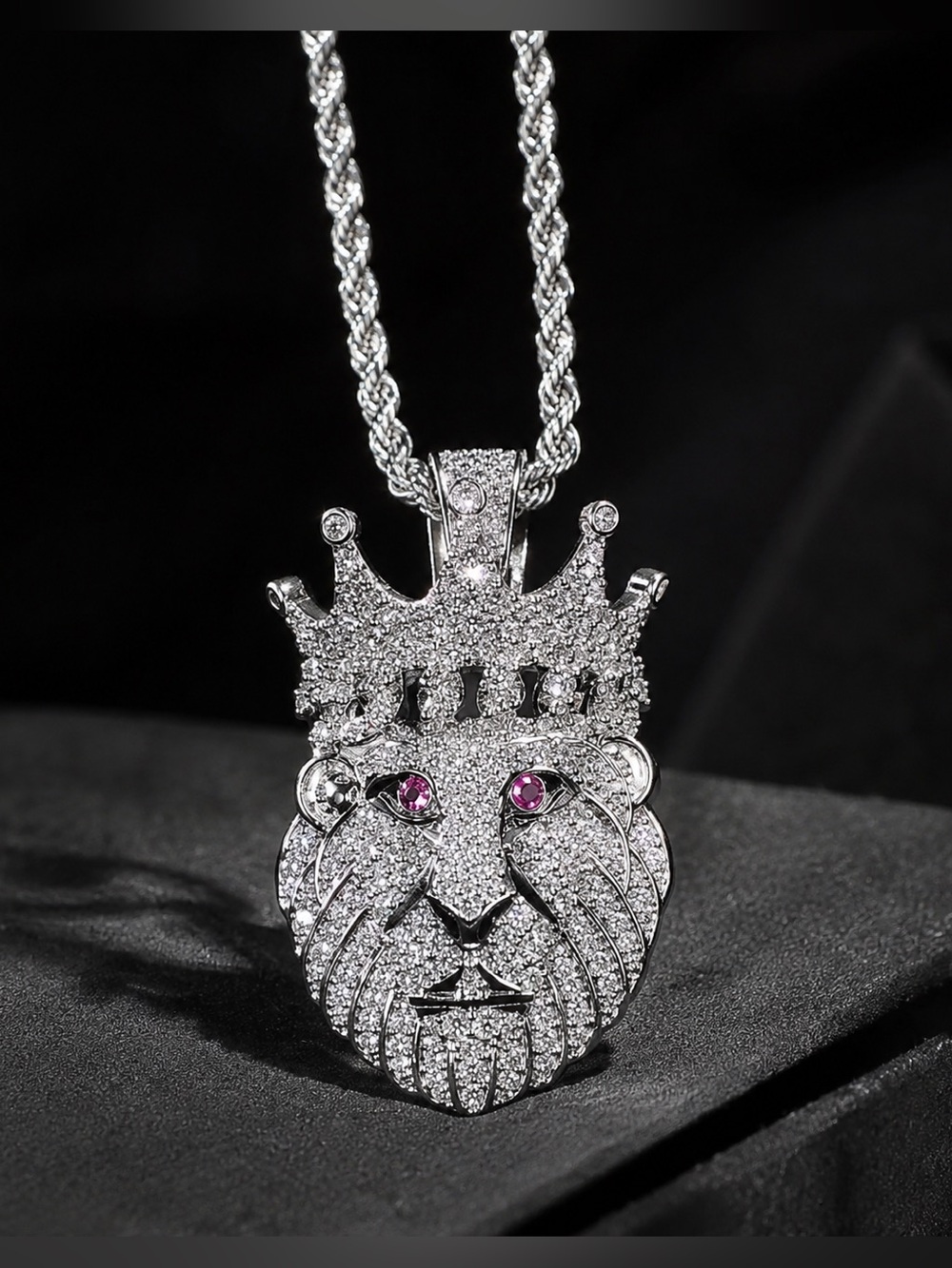 Silver Lion Crown Pendant Necklace with Pink Eyes